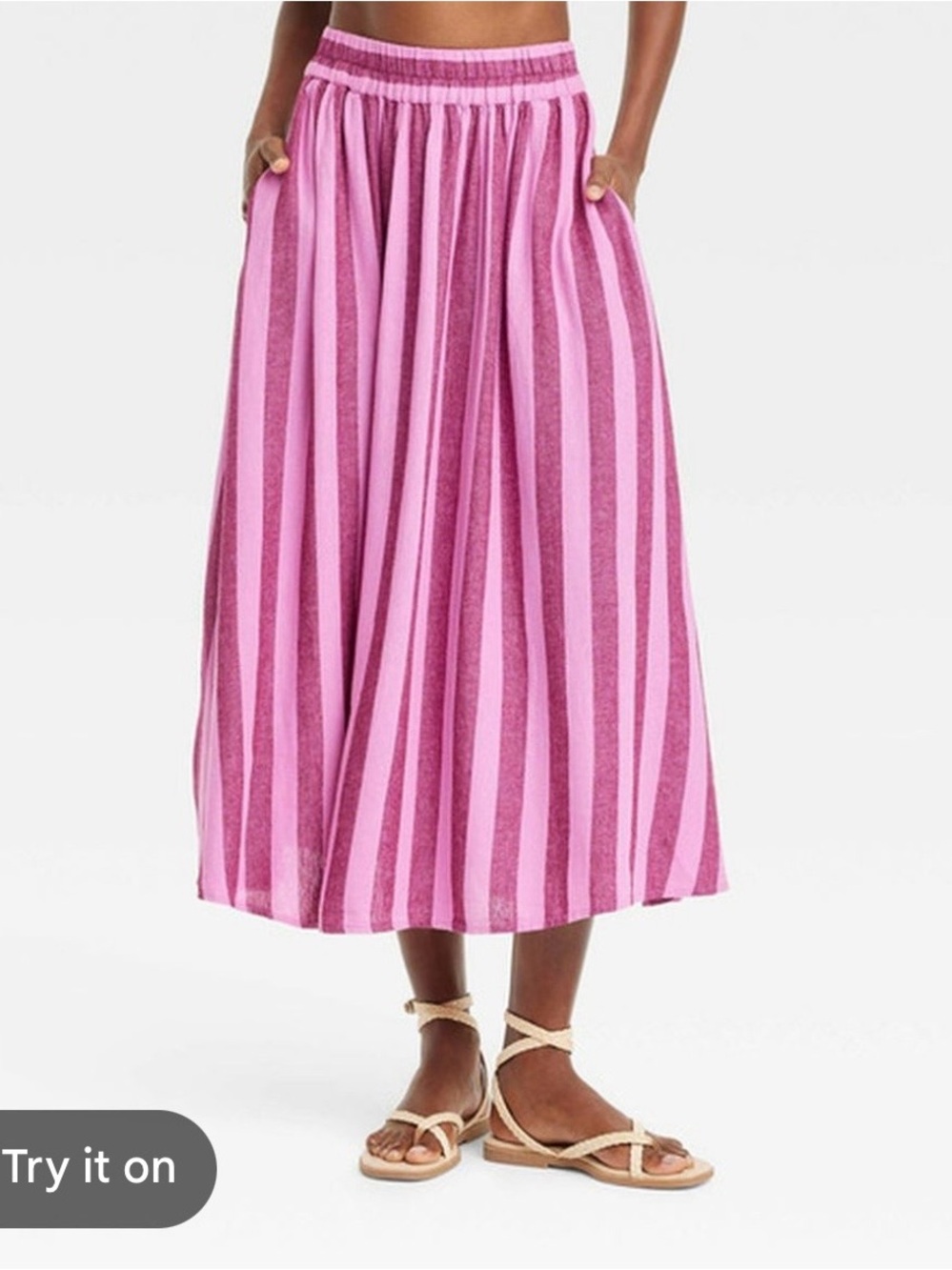 a new day Pink Striped Linen Elastic-Waist Maxi Skirt